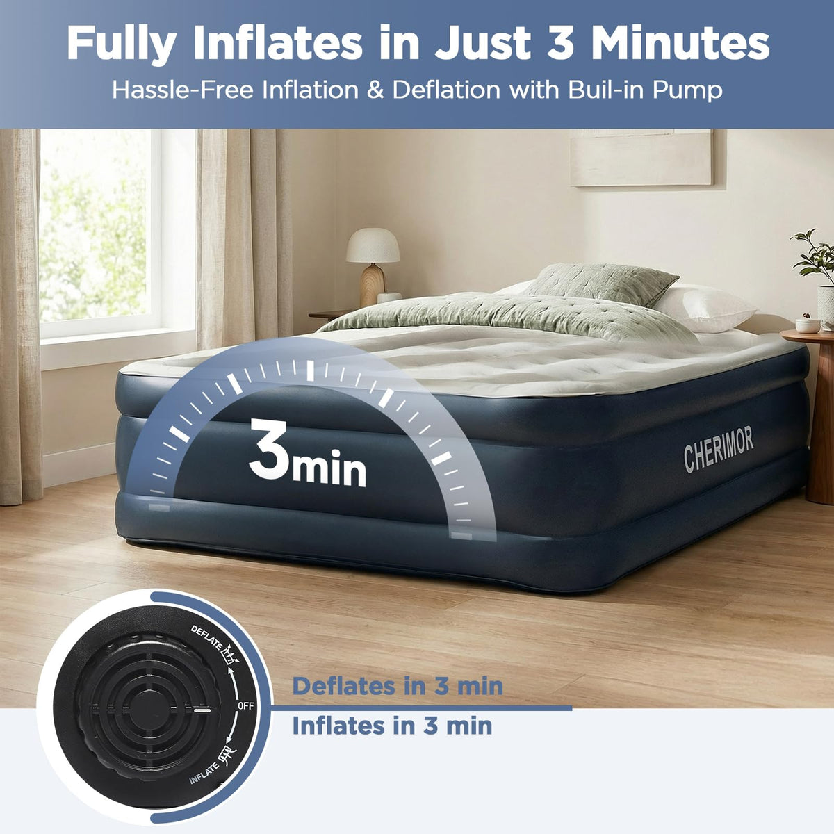 CHERIMOR Queen air mattress velvet flocked top feels soft and breathable.