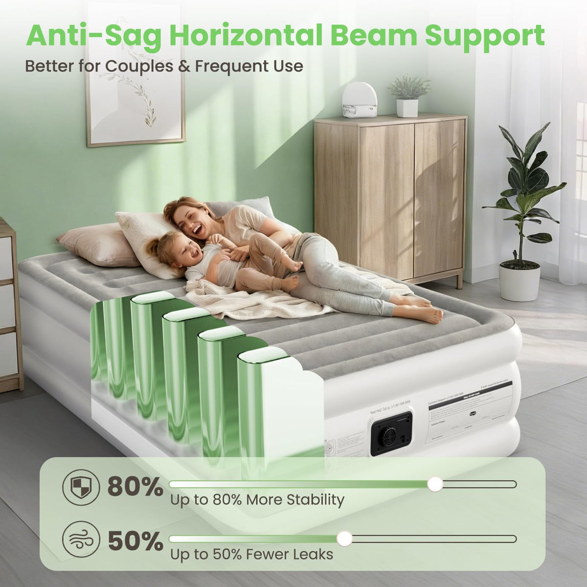 CHERIMOR Twin XL air mattress shows anti-sag horizontal beam for a flat sleeping surface