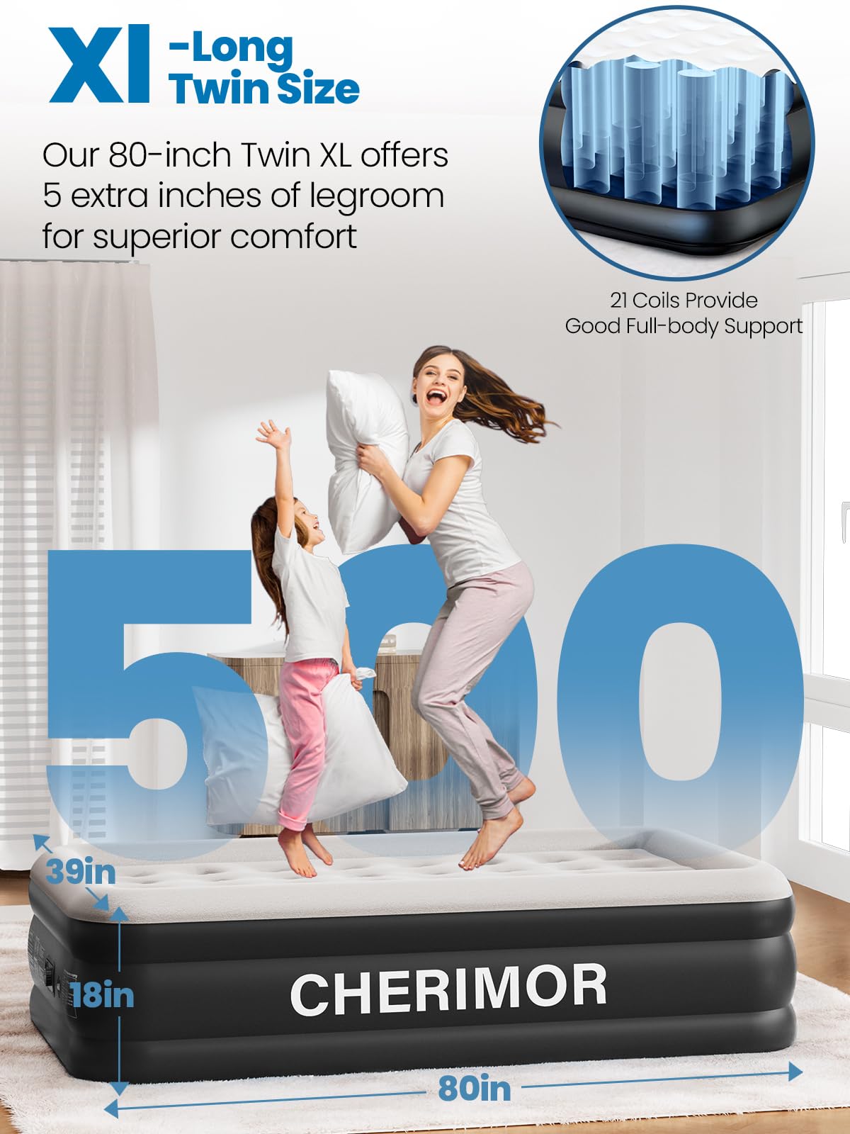 CHERIMOR Twin XL air mattress showcases honeycomb pillar design for even support.