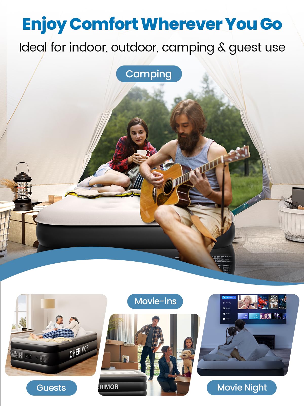 CHERIMOR Twin XL air mattress reinforced frame maintains shape during use.