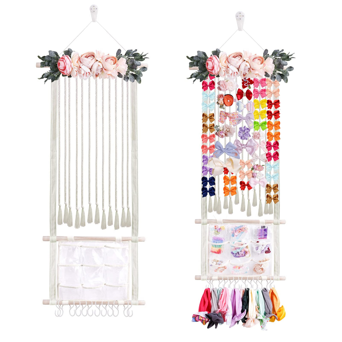 cherrboll hair bows holder with macrame keeps bows tidy and within reach.