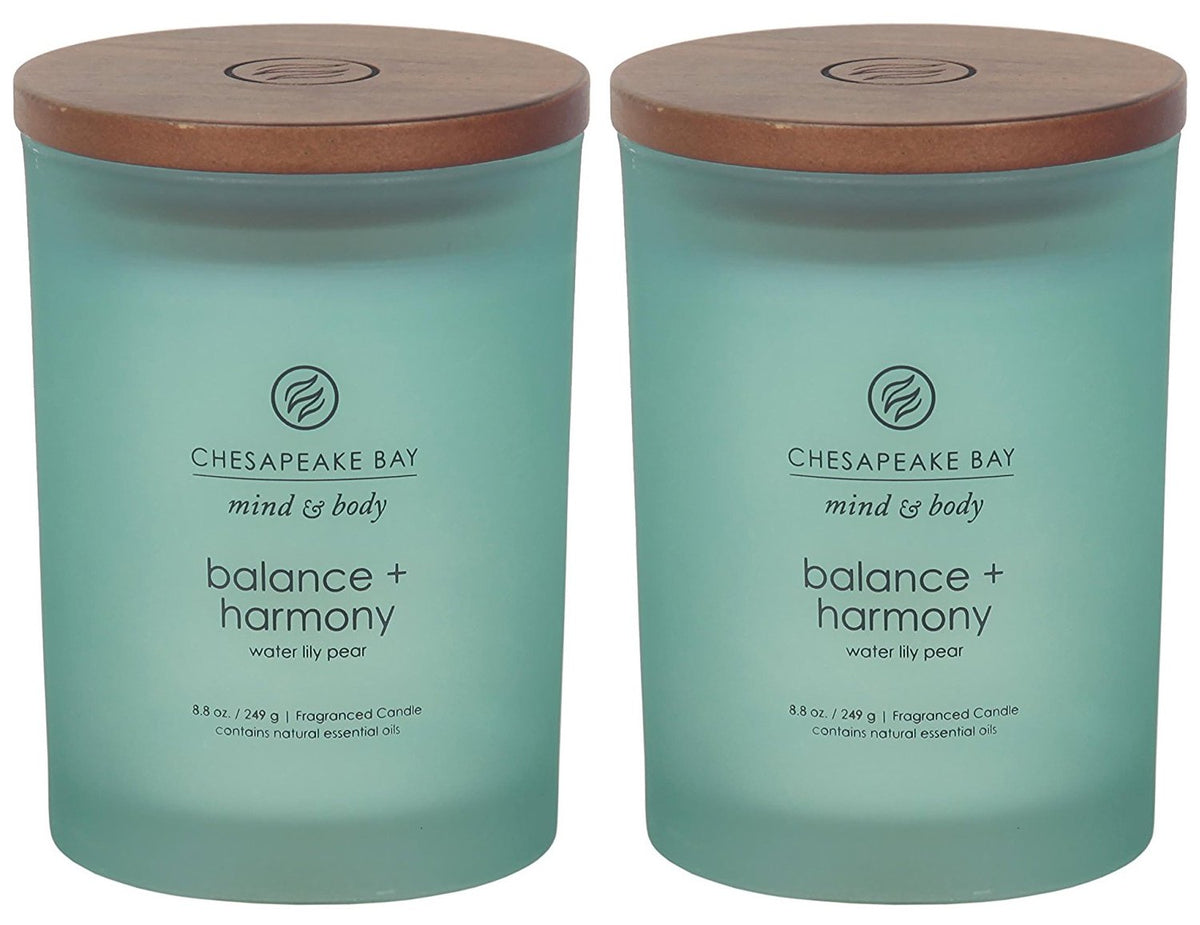 Chesapeake Bay Balance + Harmony Water Lily Pear candle in frosted jar, serene glow in a cozy room