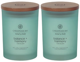 Chesapeake Bay Balance + Harmony Water Lily Pear candle in frosted jar, serene glow in a cozy room