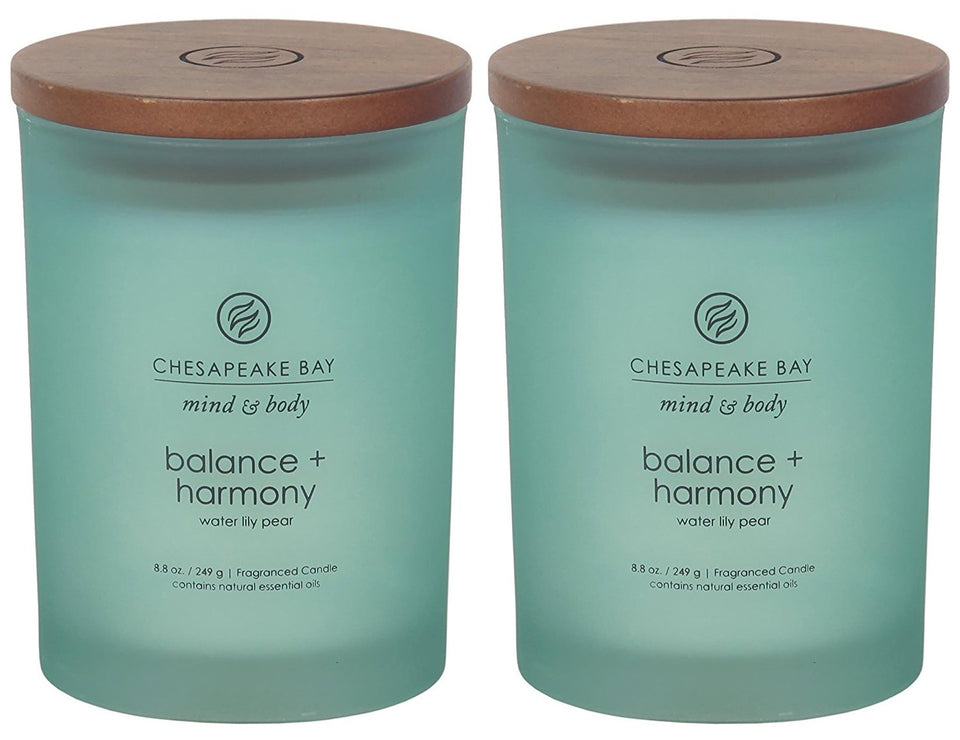 Chesapeake Bay Balance + Harmony Water Lily Pear candle in frosted jar, serene glow in a cozy room