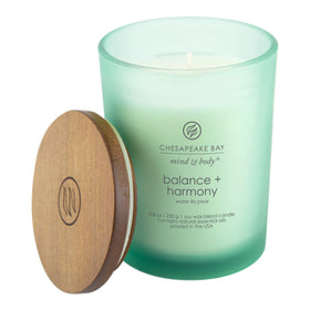 Chesapeake Bay Balance + Harmony Water Lily Pear candle featuring soft light and elegant jar