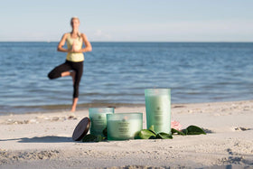 Chesapeake Bay Balance + Harmony Water Lily Pear candle display in modern living space