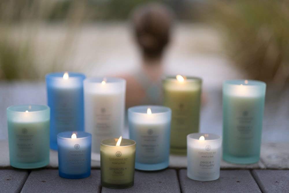 Chesapeake Bay Candle Joy and Laughter two-pack on shelf, inviting calm ambiance.