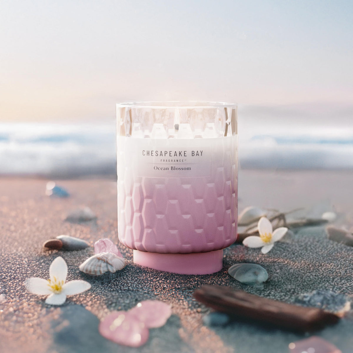 Chesapeake Bay Ocean Blossom close-up of textured sea-glass jar for ambiance.