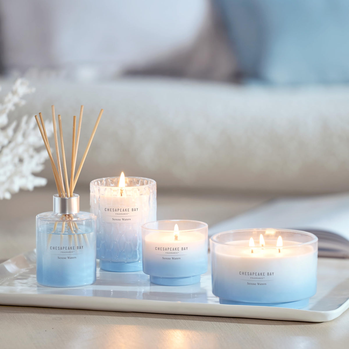 Chesapeake Bay Serene Waters soy wax blend enables cleaner burn and longer glow