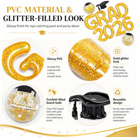 ChezMax glitter-filled graduation beach balls sparkle with Congrats and GRAD messages.