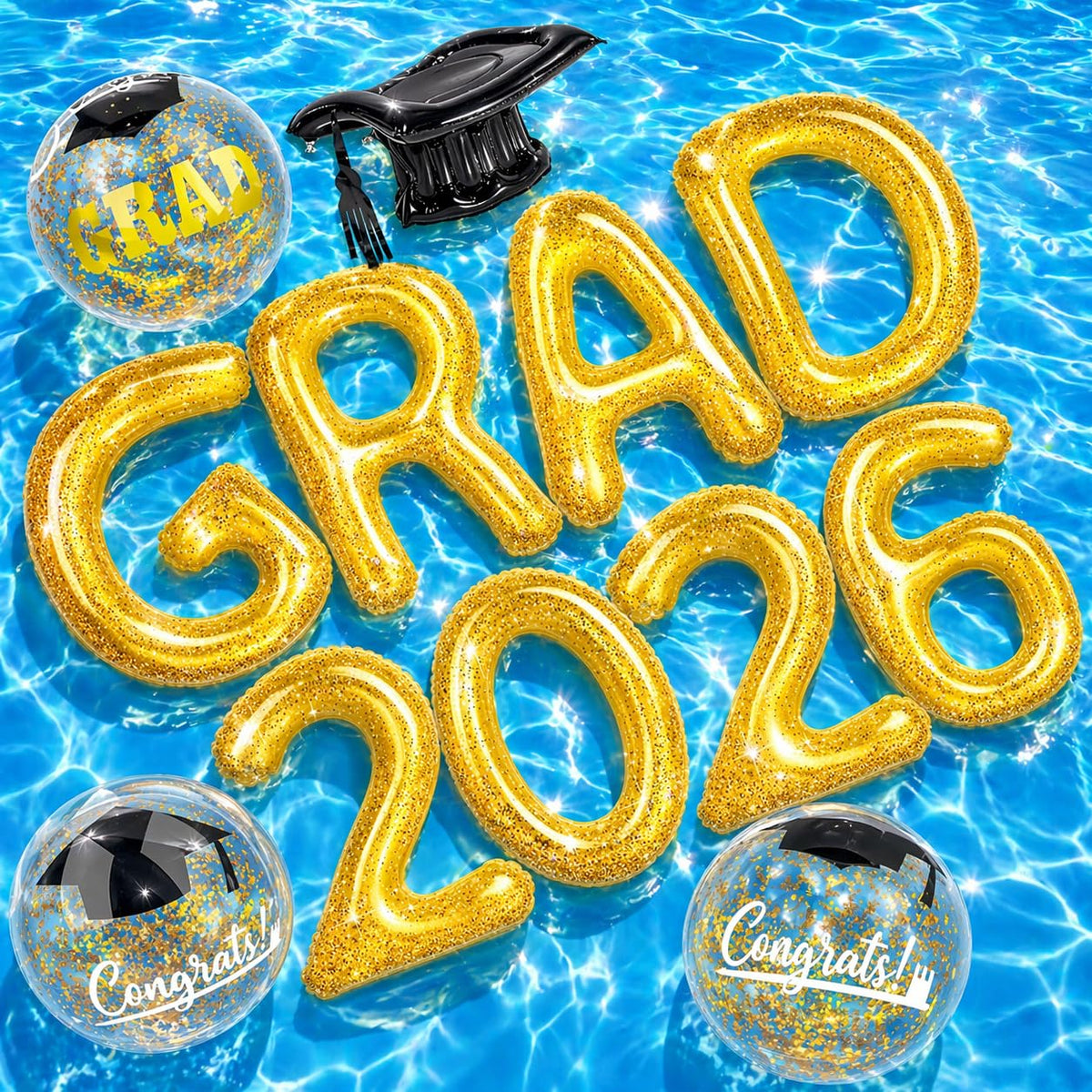 ChezMax GRAD 2026 letters float to create an eye-catching pool backdrop.