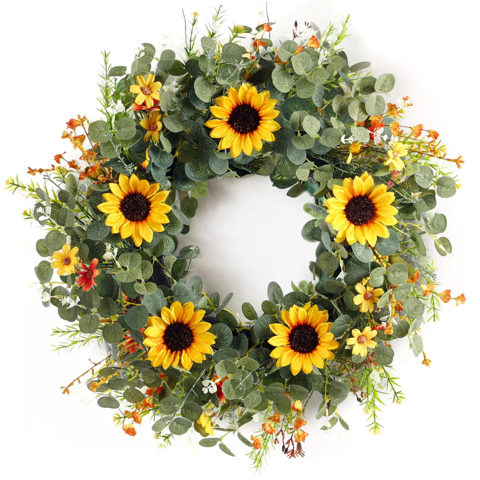 CHFAPH 24-inch eucalyptus and sunflower wreath front door, inviting curb appeal.