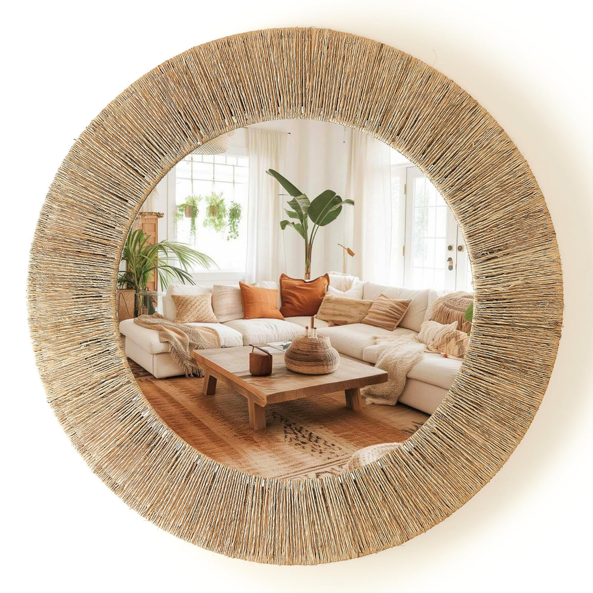 Chi An Home 24-inch natural jute round mirror enhances living room light.