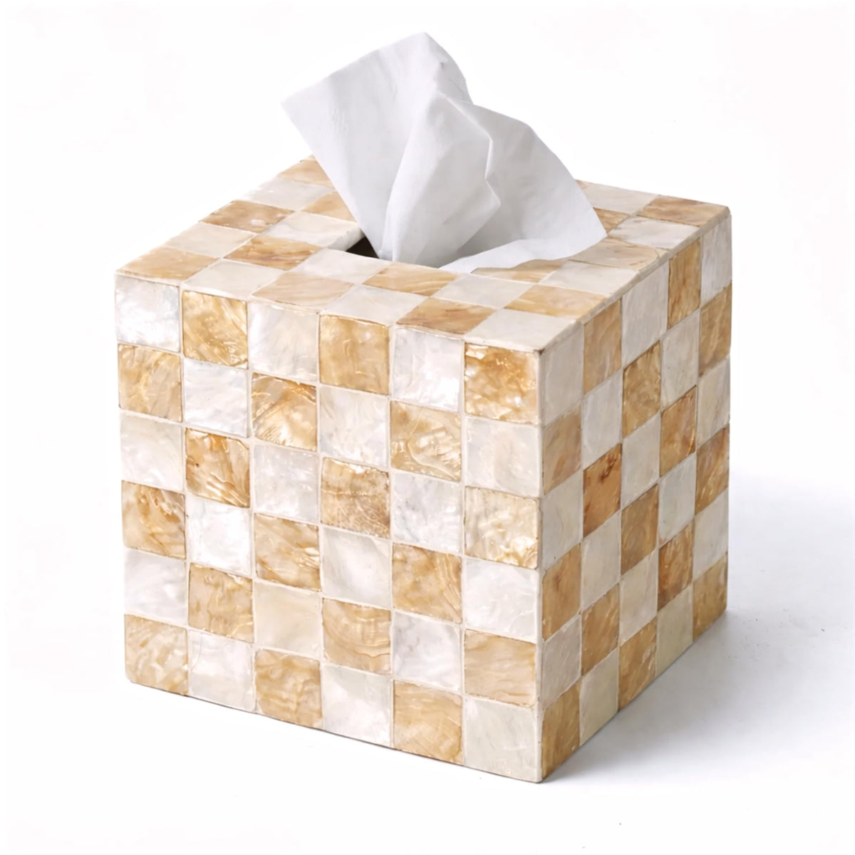 Chi An Home ivory capiz 5.5-inch square tissue box cover conceals packaging with an iridescent sheen.