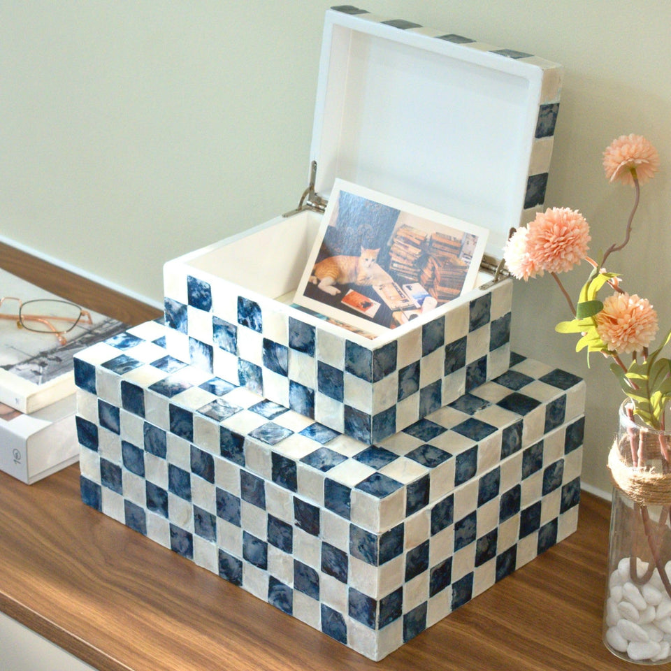 Chi An Home capiz checkered navy box 11-8 inch with iridescent panels for stylish storage.