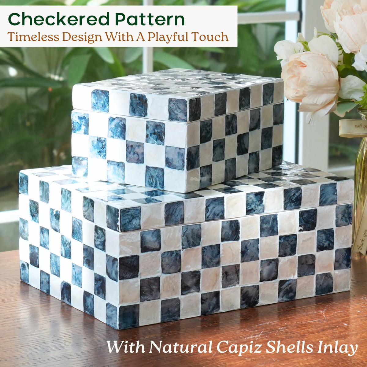Chi An Home capiz checkered navy box 8 inch with hinged lid for easy access.