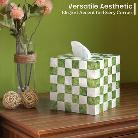 Chi An Home checkered cube tissue box with capiz shells enhances decor and hides plain boxes.
