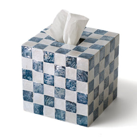 Chi An Home checkered cube tissue box cover in navy adds a refined decorative touch.