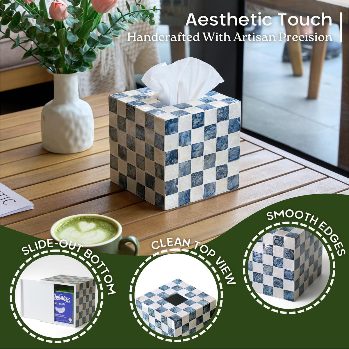 Chi An Home decorative navy tissue holder for desk, vanity, or bathroom.