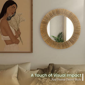 Chi An Home round mirror invites natural texture into your decor.
