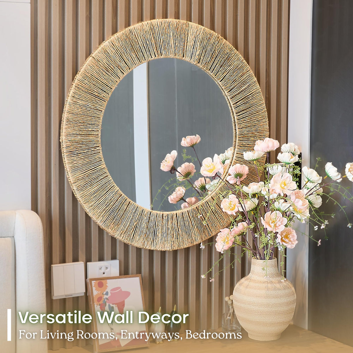 Chi An Home jute mirror complements bathrooms, bedrooms, and living rooms.