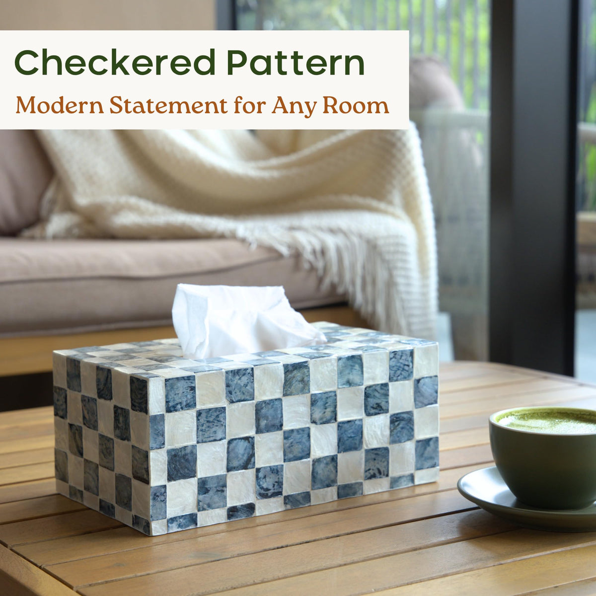 Chi An Home navy blue checkered tissue box cover closeup highlights design.