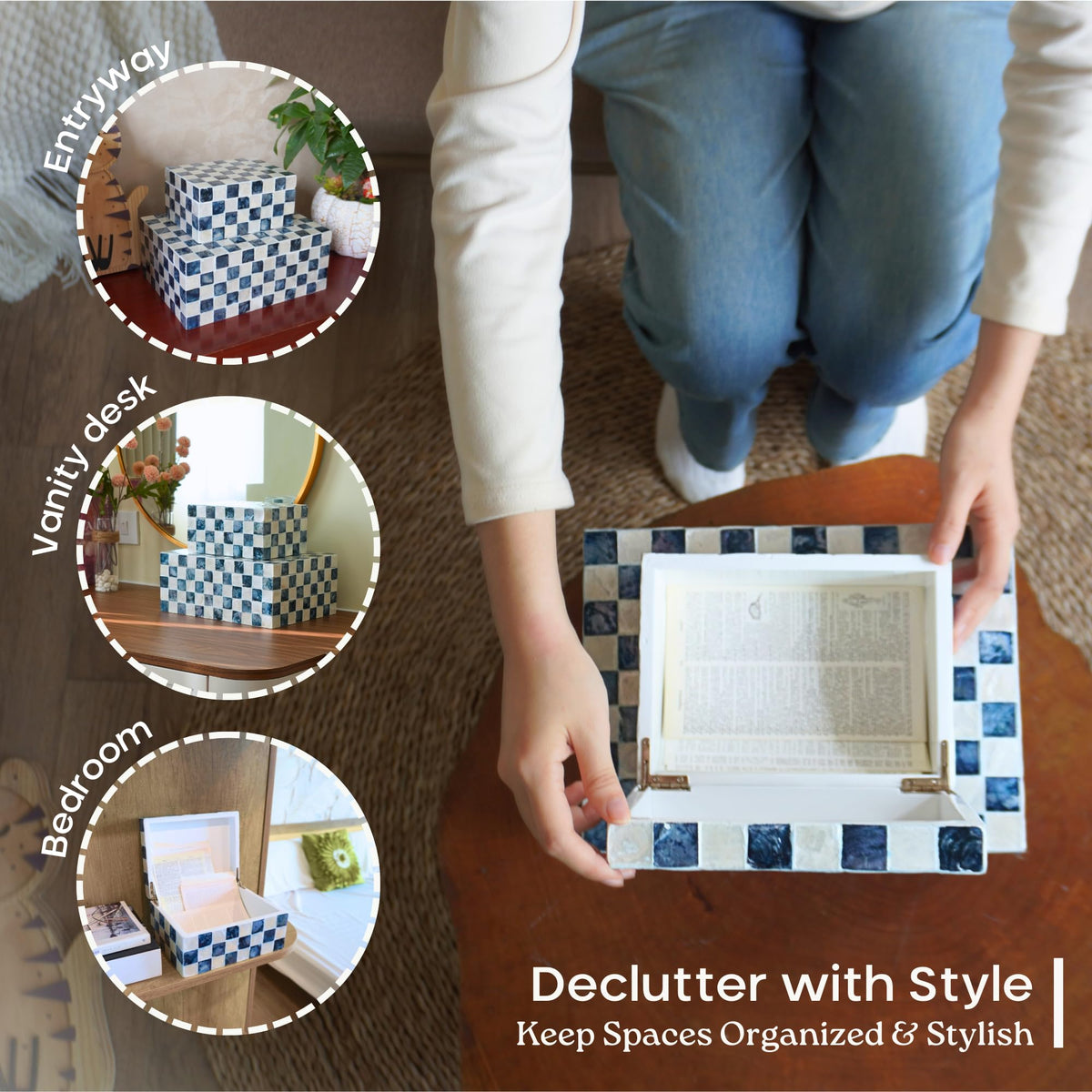 Chi An Home navy checkered storage boxes nest neatly for space saving.
