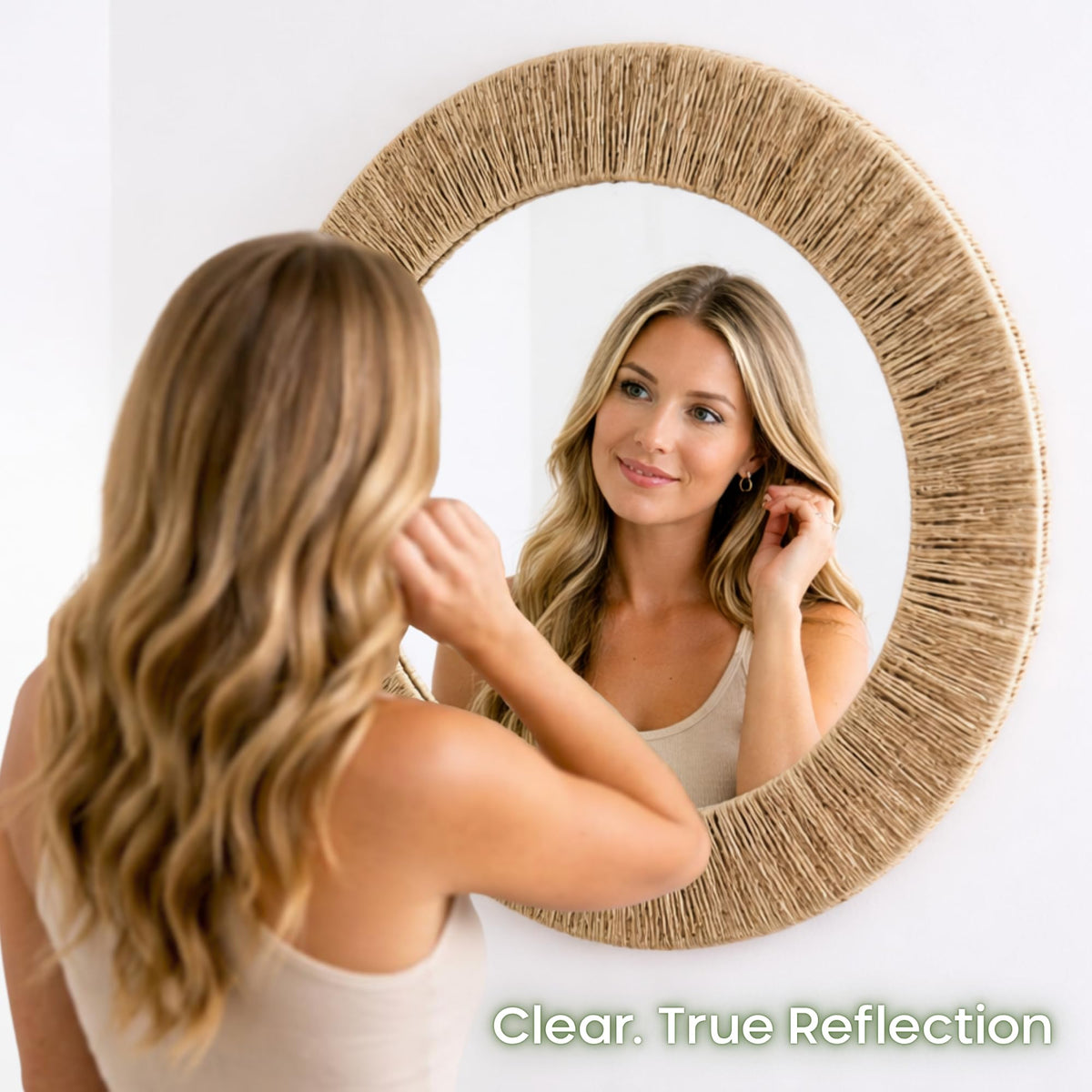 Chi An Home round mirror with metal frame adds rustic entryway charm.