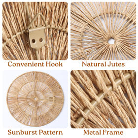 Chi An Home 21-inch wicker wall plate creates a balanced focal point above seating.