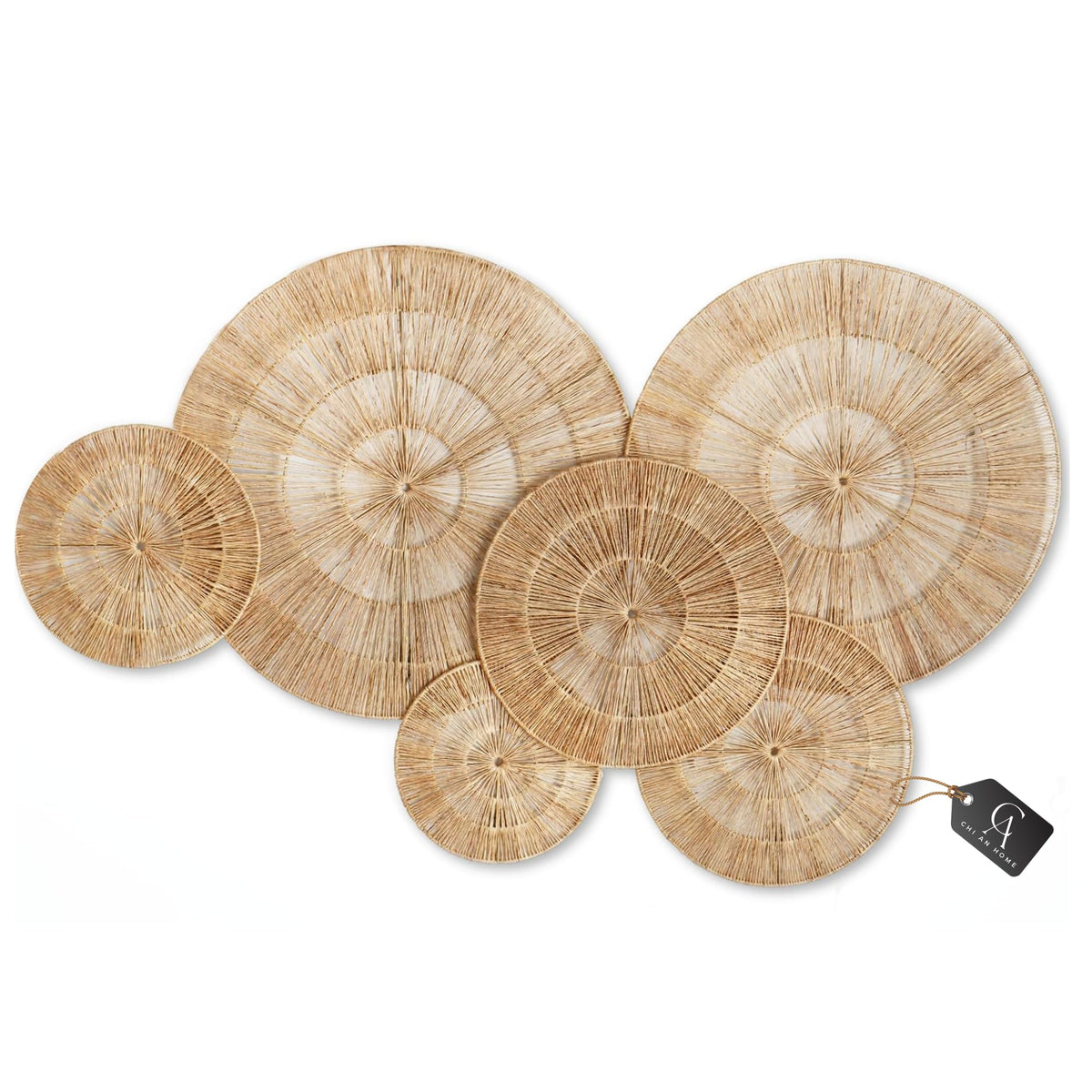 Chi An Home 23-inch wicker wall plate adds warm texture to the living room.
