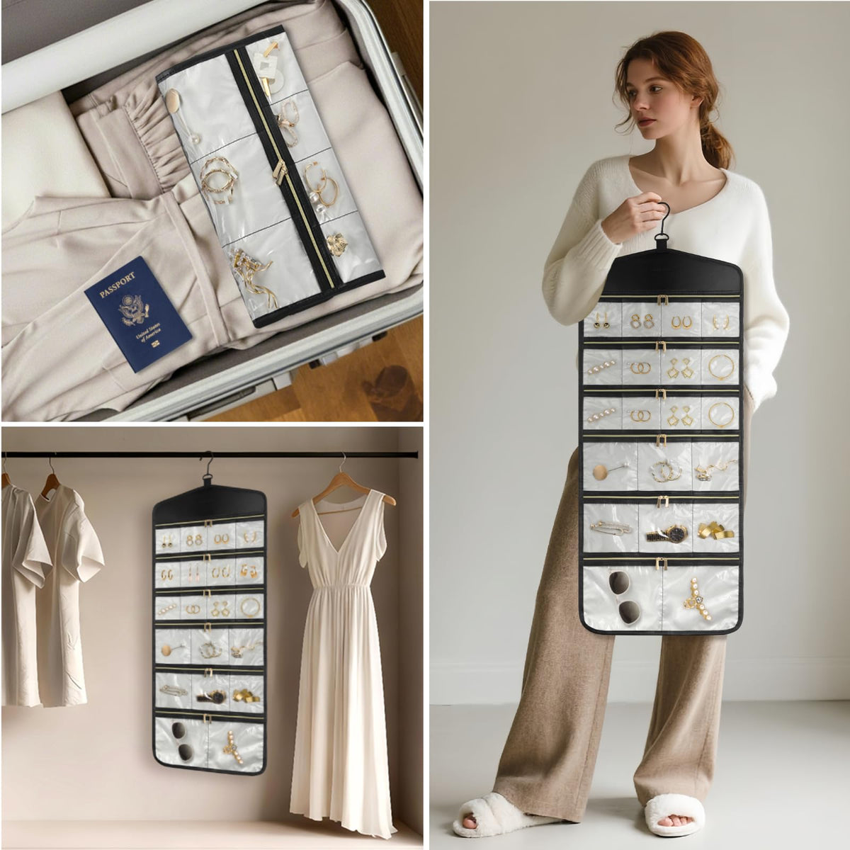 CHICECO hanging jewelry organizer with dual zipper keeps contents secure during travel.