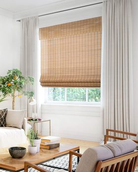 CHICOLOGY Bamboo Roman Shade valance detail highlighting finish
