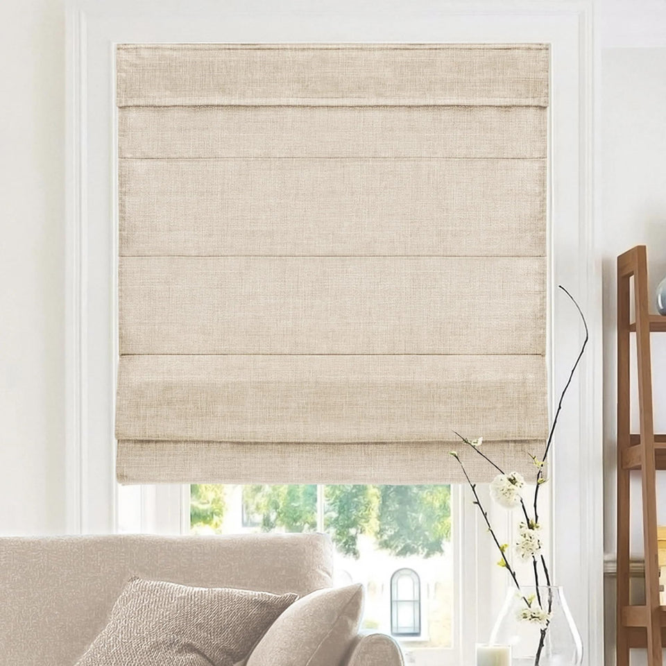 CHICOLOGY cordless roman shade with light-filtering privacy liner in textured Belgian flax; diffuses daylight gently.