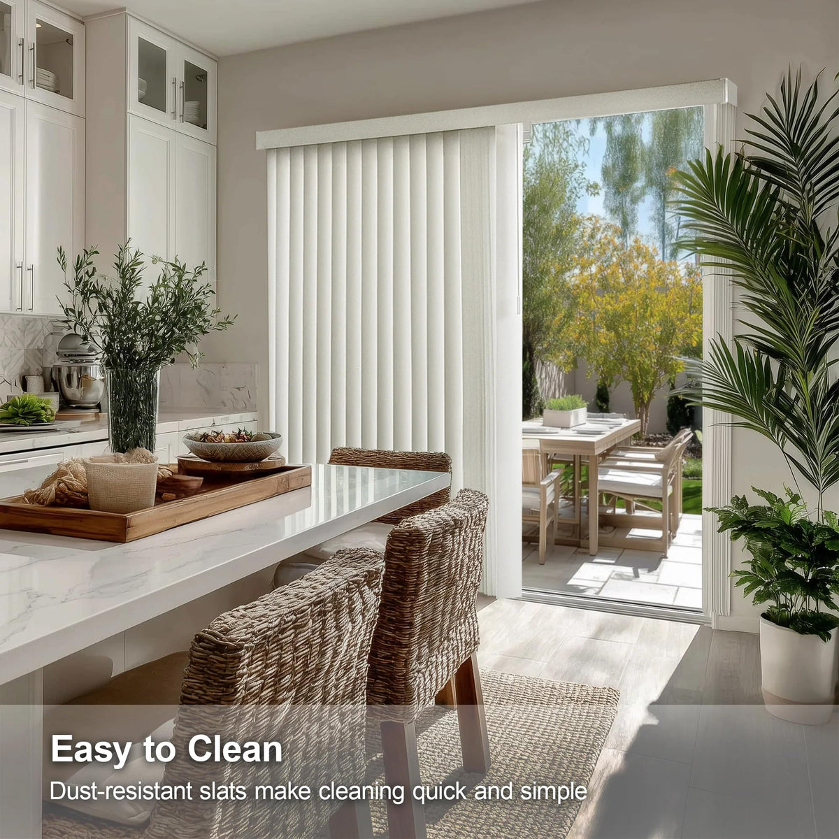 CHICOLOGY vertical blinds 3-5-in PVC slats are wipe-clean for daily use.