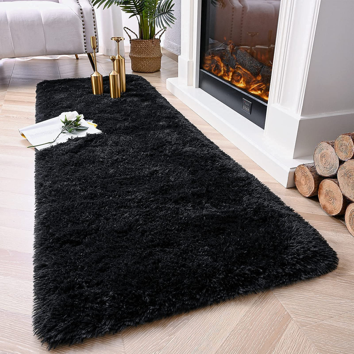 Chicrug fluffy runner in black enhances a cozy living room.
