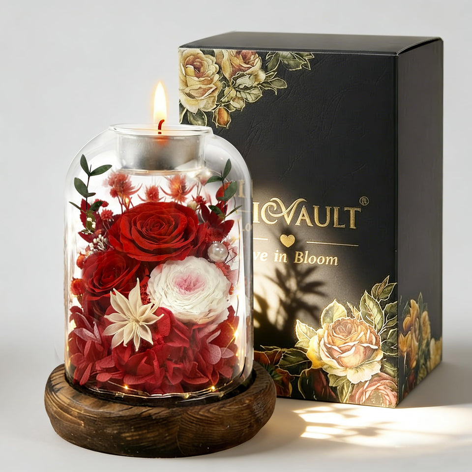 Chicvault Eternal Rose inside a glass dome with warm LEDs for lasting romance