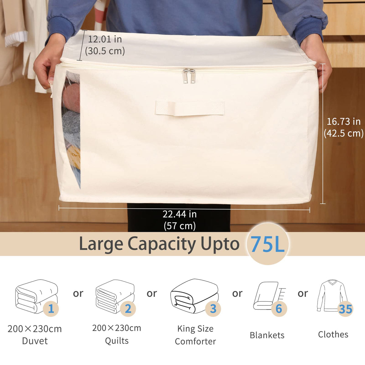 CHICVIE 75L storage bag with sturdy zipper to secure quilts and blankets