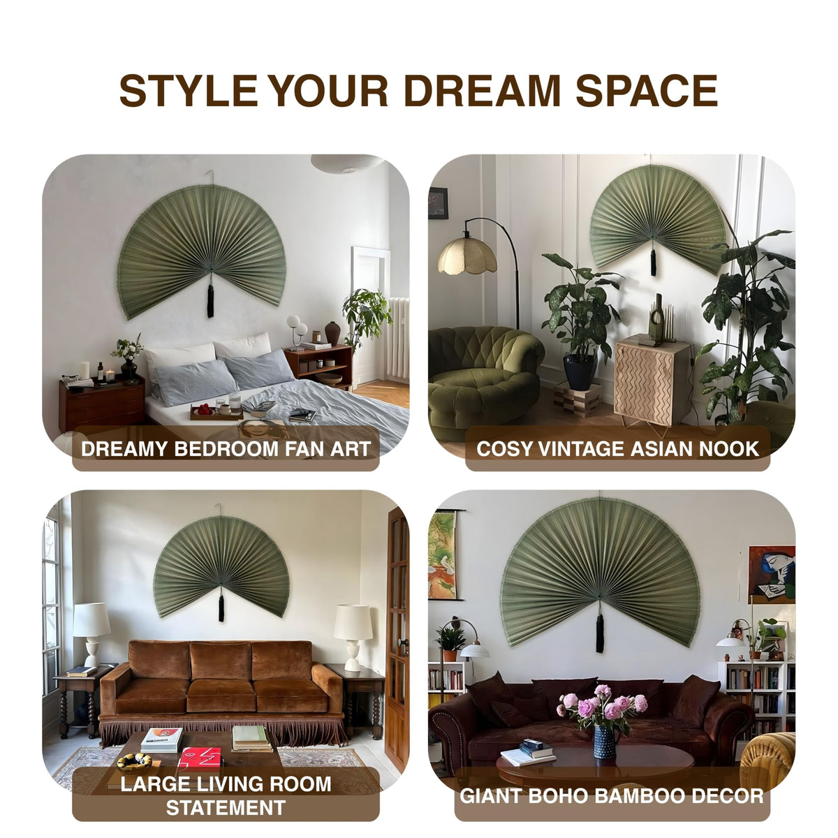 Chicvillage Japanese-inspired wall fan decor in green enhances a calm room.