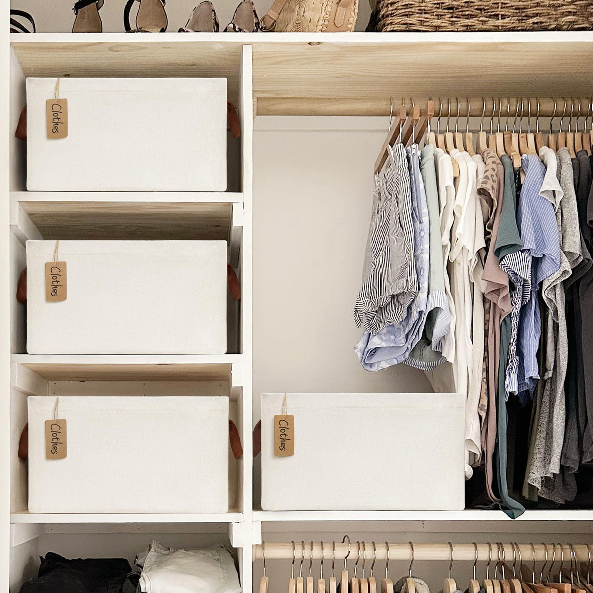 CHICVITA beige storage bin with leather handles for stylish, easy-access storage