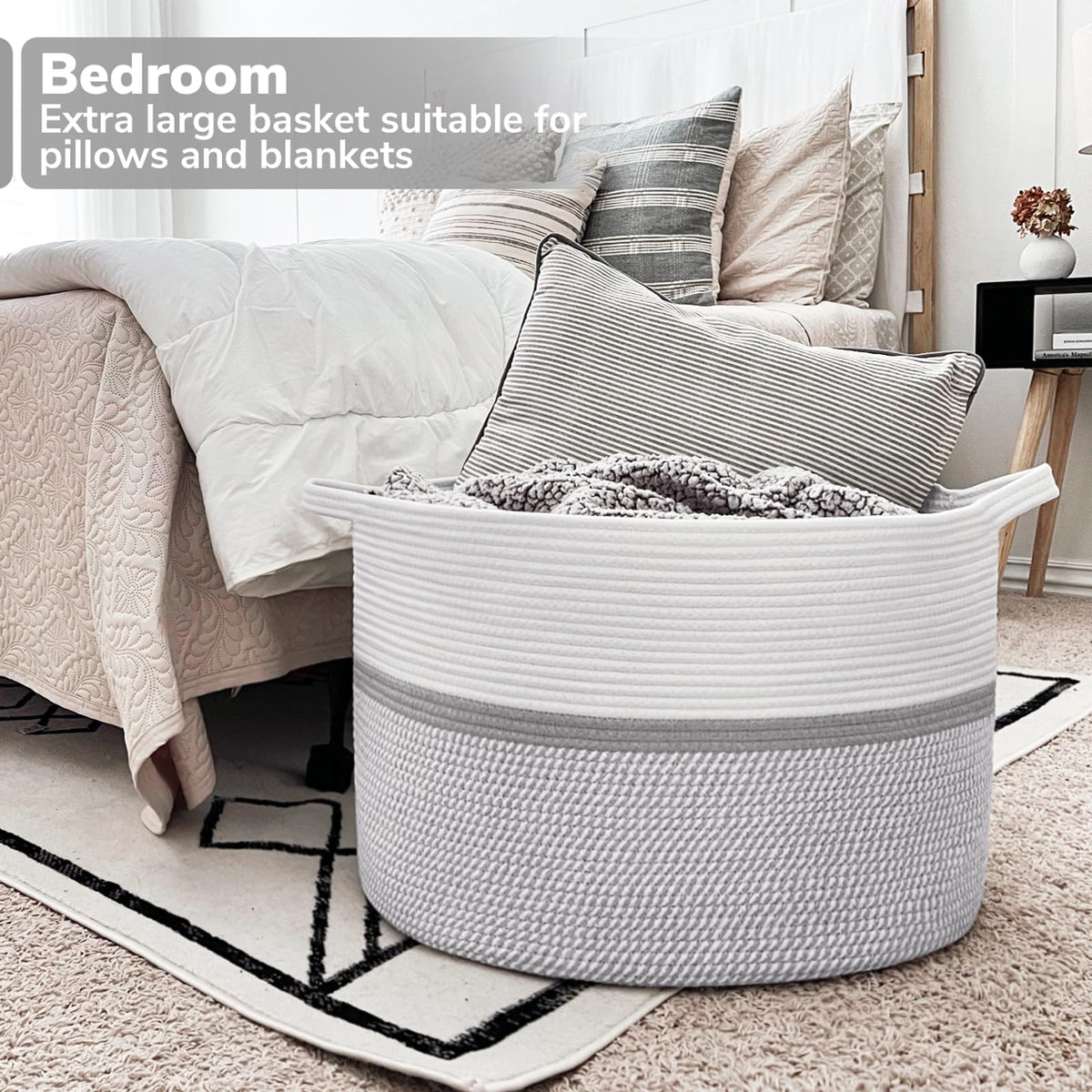 CHICVITA gray woven basket adds decorative appeal while concealing blankets