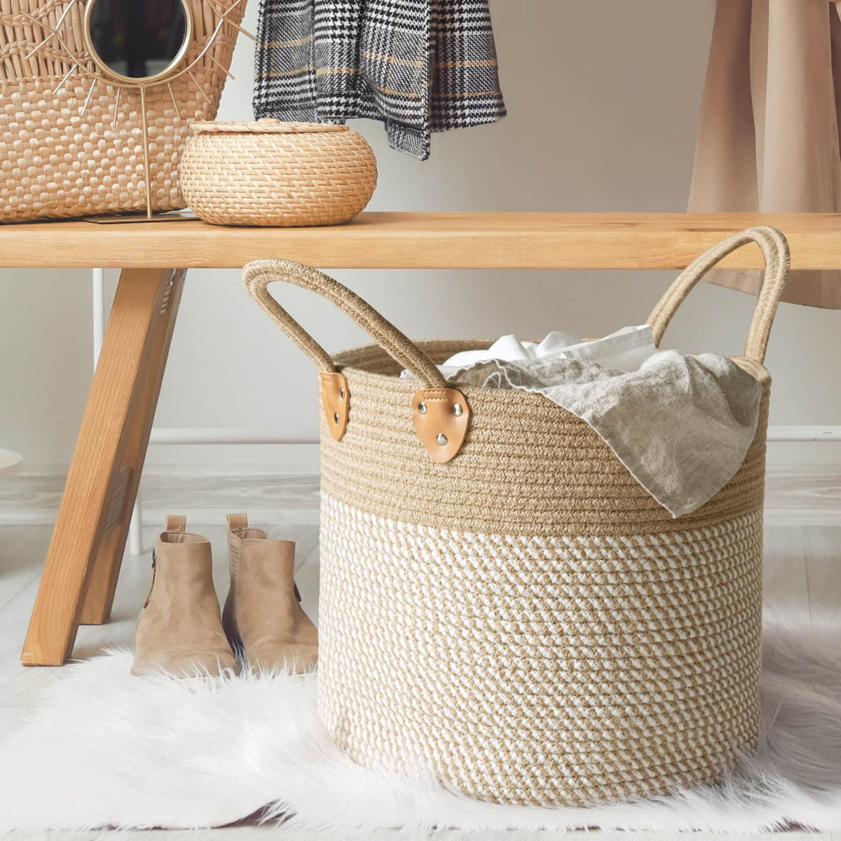 CHICVITA wicker basket with handles makes laundry easy to carry