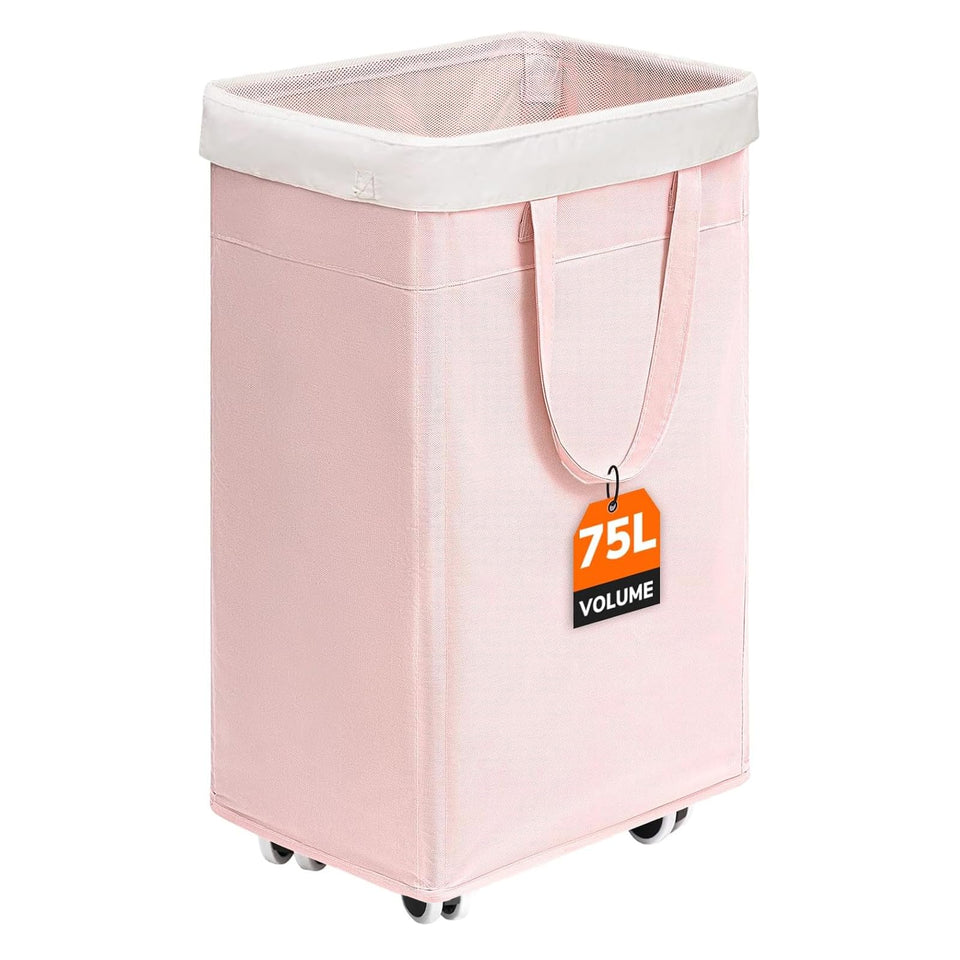 CHICVITA Slim Laundry Hamper 75L front view, pink, easy to move between rooms.