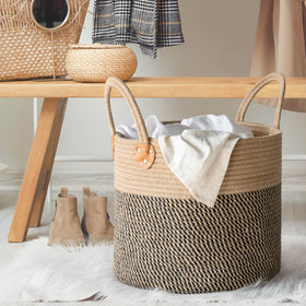CHICVITA wicker basket with blankets display adds cozy organization to living spaces.