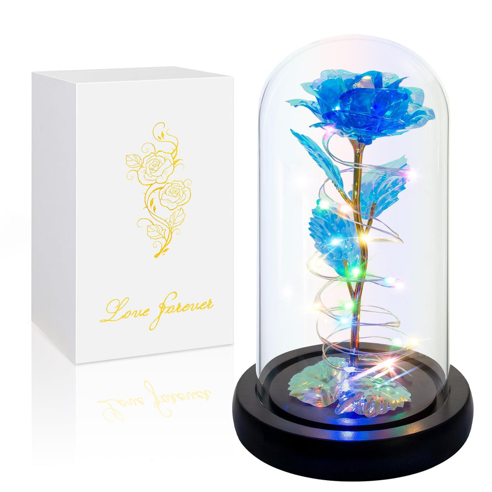 Childom blue light up rose in glass dome brightens desk or nightstand
