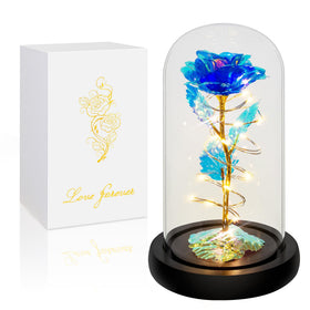 Childom blue light up rose in a glass dome creates a lasting romantic centerpiece.