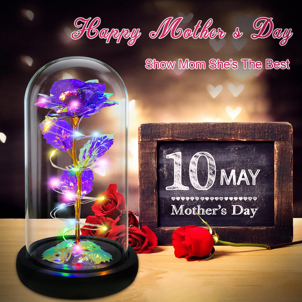 Childom color-changing rose LED shifts color with light for mood lighting.