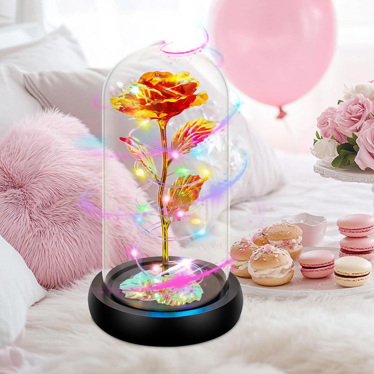 Childom spinning rose in glass dome enhances desk or bedside décor.