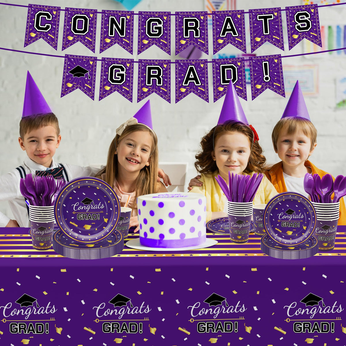 Childom purple gold graduation tablecloth protects surfaces and simplifies cleanup