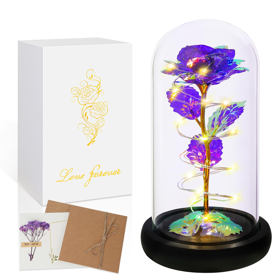 Childom purple light-up rose in a glass dome glows softly for a lasting keepsake