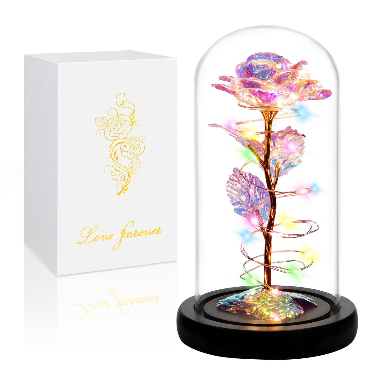 Childom rainbow rose in a glass dome glows with color for a timeless gift